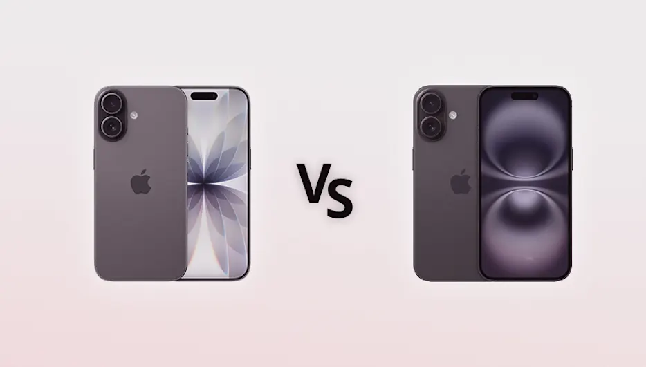 iPhone 17 und iPhone 16 mit Front- und Rückansicht auf hellem Hintergrund, in der Mitte die Buchstaben vs.
