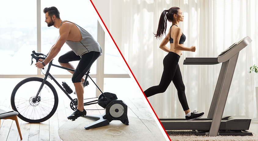Mann auf Fahrradtrainer, Frau auf Laufband, getrennt durch rote Linie. Beide tragen Sportbekleidung.