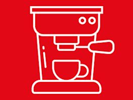 Bild mit rotem Hintergrund, darauf ein Piktogramm in weiß von einer Siebträgermaschine
