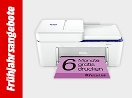 Bild mit hellgrauem Hintergrund und einem roten Streifen links und weißem Text "Frühjahrsangebote"; rechts im Bild ein Drucker