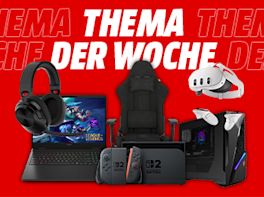 Bild mit Headline: ‚Thema der Woche‘. Darauf zu sehen sind verschiedene Gaming-Produkte: Gaming-Laptop mit League-of-Legends-Szene, Headset, Gaming-Stuhl, VR-Brille, Nintendo-Switch-Konsole und Gaming-PC auf rotem Hintergrund