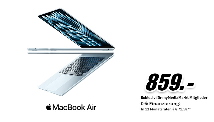 Apple MacBook Air seitlich aufgeklappt, silberne Ausführung; Preis 959€ mit Hinweis auf 0% Finanzierung für myMediaMarkt Mitglieder.