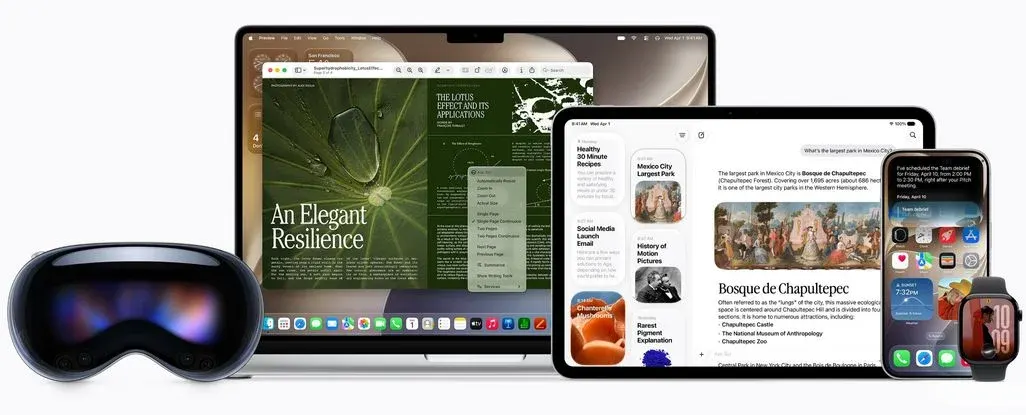 iOS 27 ist auf den Bildschirmen von aufgereihten Applegeräten zu sehen, darunter iPad, MacBook, Apple Vision Pro und iPhone.