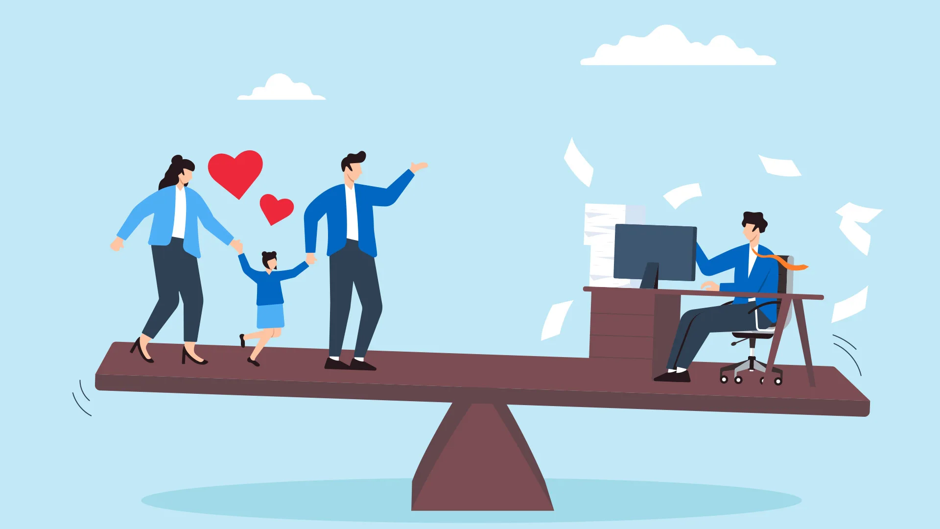 Bild mit Piktogrammen: Eine Seite der Schaukel zeigt eine Familie mit Herzen, die andere einen arbeitenden Menschen am Schreibtisch – Sinnbild für Balance zwischen Familie und Beruf.