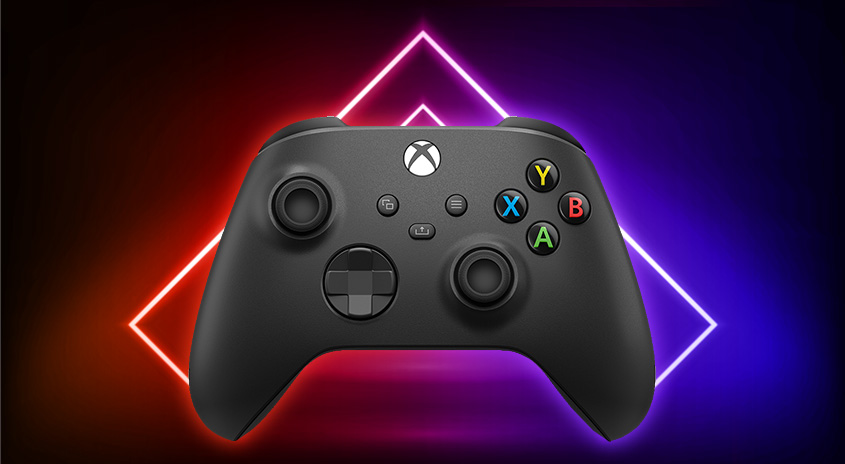 Schwarzer Xbox-Controller vor einem roten und blauen Neon-Hintergrund.