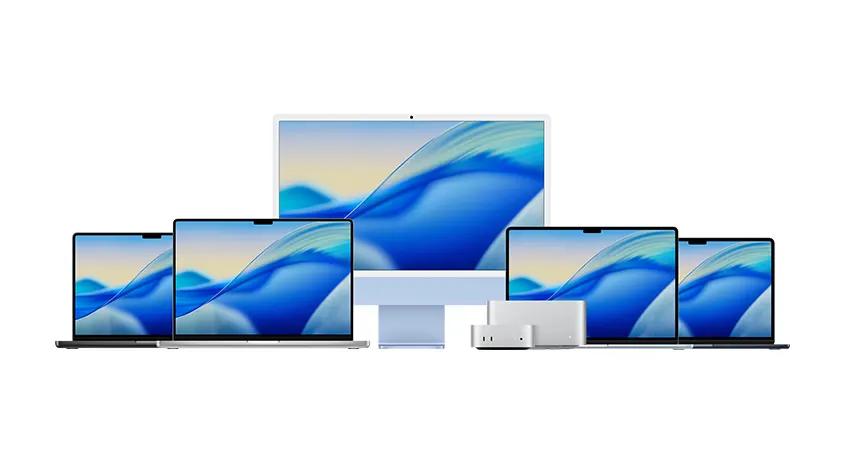 Auf weißem Grund stehen Laptops, ein Desktop-Computer und Zubehör mit farbenfrohen Bildschirmen.