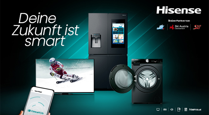 Schwarzer Kühlschrank, Fernseher, Waschmaschine und ein Handy auf einem schwarzen und blaugrünen Hintergrund. Hisense-Logo oben rechts.