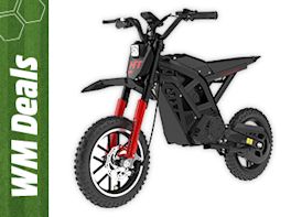 Elektrisches Offroad-Motorrad Spielzeug vor weißem Hintergrund, links mit grünem „WM Deals“-Rand.