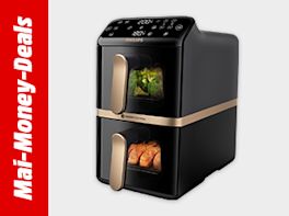 Heißluftfritteuse mit zwei Garkammern, schwarz und goldfarben