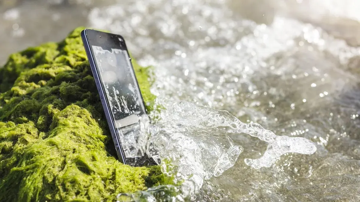Ein Handy mit nassem Display liegt auf Moss in einem Bach und wird von Wasser umspült.