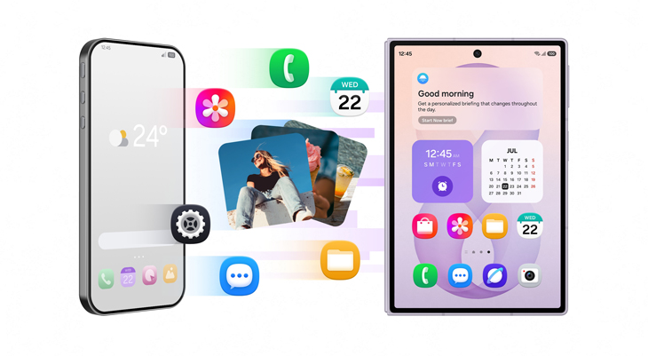 Zwei mobile Geräte zeigen moderne, personalisierte Benutzeroberflächen mit verschiedenen App-Icons, Widgets und Fotos auf den Startbildschirmen