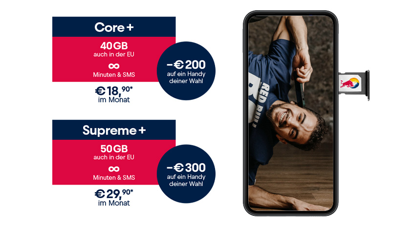 Handy-Angebote: Core+ mit 40 GB, Supreme+ mit 50 GB. Handy zeigt Mann mit Red Bull T-Shirt und SIM-Karte.