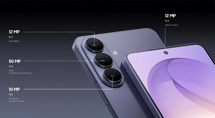 Das Bild zeigt ein modernes Smartphone in einer Nahaufnahme von Rück- und Vorderseite. Die Rückseite präsentiert drei vertikal angeordnete Kameralinsen, die mit Linien und Texten zu ihren Spezifikationen beschrieben werden: 12 MP Ultraweitwinkel (f/2.2), 50 MP Weitwinkel (f/1.8, 2x optischer Zoom) und 10 MP Teleobjektiv (f/2.4, 3x optischer Zoom). Die Frontkamera ist mittig im Display platziert und wird als 12 MP Selfie-Kamera (f/2.2) ausgewiesen. Der Hintergrund ist dunkel und lässt das Smartphone elegant und hochwertig erscheinen.