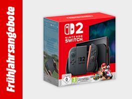 Bild mit hellgrauem Hintergrund und einem roten Streifen links und weißem Text "Frühjahrsangebote"; rechts im Bild ein Nintendo Switch 2 Konsole in Orginalverpackung