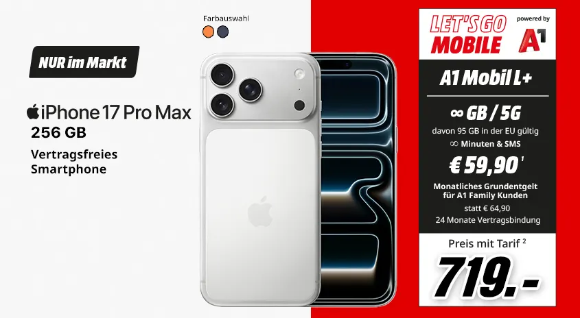 iPhone 17 Pro Max, 256 GB, verschiedene Farben, vertragsfrei im Markt, mit Let's Go Mobile powered by A1 Mobil L+ Tarif um € 719,-