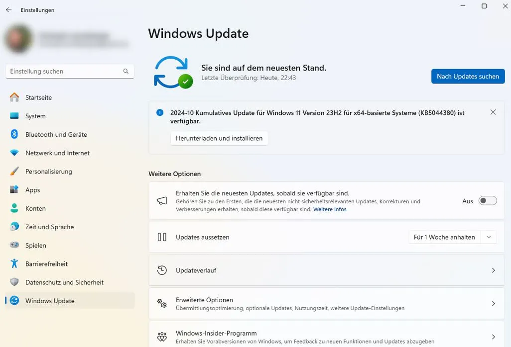 Windows Update Einstellungen mit verfügbarem kumulativem Update