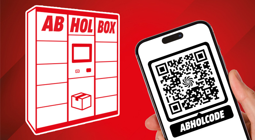 Werbemotiv Abholbox: Links eine Paketschließanlage mit ‚Abholbox'-Schriftzug, rechts ein Smartphone mit QR-Code und Beschriftung ‚Abholcode' auf rotem Hintergrund.