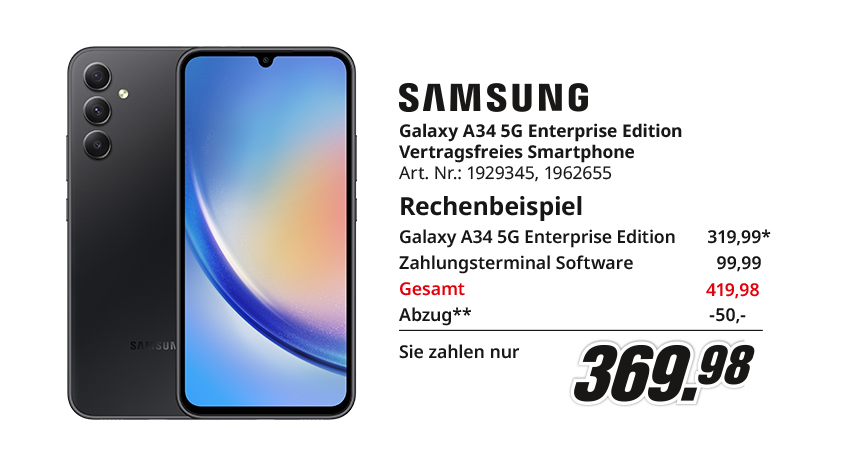 Ein graues Samsung Galaxy A34 5G Smartphone ist neben Preisinformationen abgebildet.