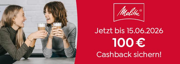 Kaffeevollautomat mit zwei Gläsern Latte Macchiato; Text auf rotem Hintergrund: 100€ Cashback bis zum 15.06.2026.
