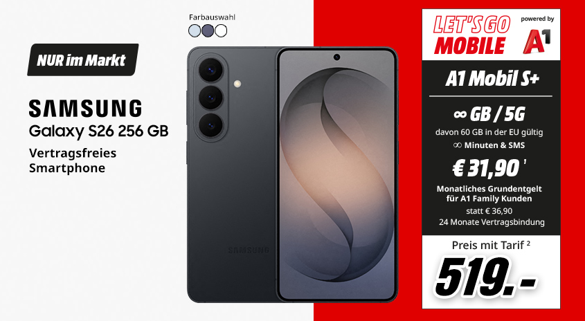 Samsung Galaxy S26 256 GB, vertragsfreies Smartphone, jetzt mit Let's Go Mobile powered by A1 Mobil S+ Tarif um 519,-