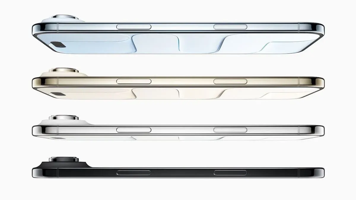 Vier iPhone Air in Blau, Gold, Weiß und Schwarz, vertikal gestapelt. Seitenansicht zeigt Kameramodule und Tasten.