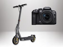 Produktbild eines E-Scooters und einer Kamera.