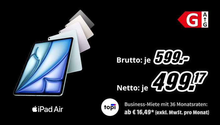 Schwarzer Hintergrund. Links sind fünf aufgefächerte iPad Air Modelle in verschiedenen Farben zu sehen, darunter der Schriftzug 'Apple iPad Air'. Rechts stehen die Preise: 'Brutto: je 599,-' und 'Netto: je 499,17'. Unten rechts befindet sich das topi-Logo mit dem Hinweis 'Business-Miete mit 36 Monatsraten: ab € 16,49* (exkl. MwSt. pro Monat)'. Oben rechts ist ein Energieeffizienz-Label der Klasse G abgebildet.