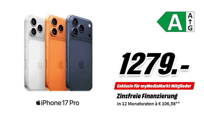Apple iPhone 17 Pro in vier Farben, Energieeffizienzklasse A, Preis 1279 €, zinsfrei in 12 Raten à 106,58 €
