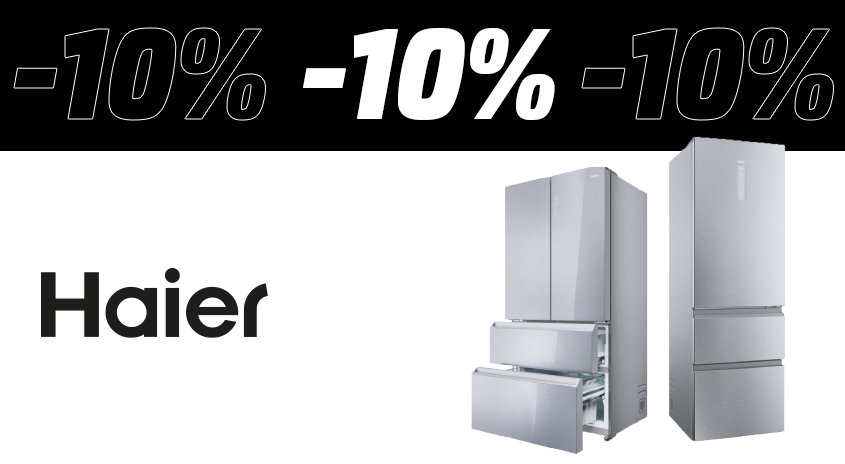 Werbebanner: Oben mehrfach der Schriftzug ‚-10 %‘, darunter großes Haier-Logo und zwei Kühl-Gefrierkombinationen