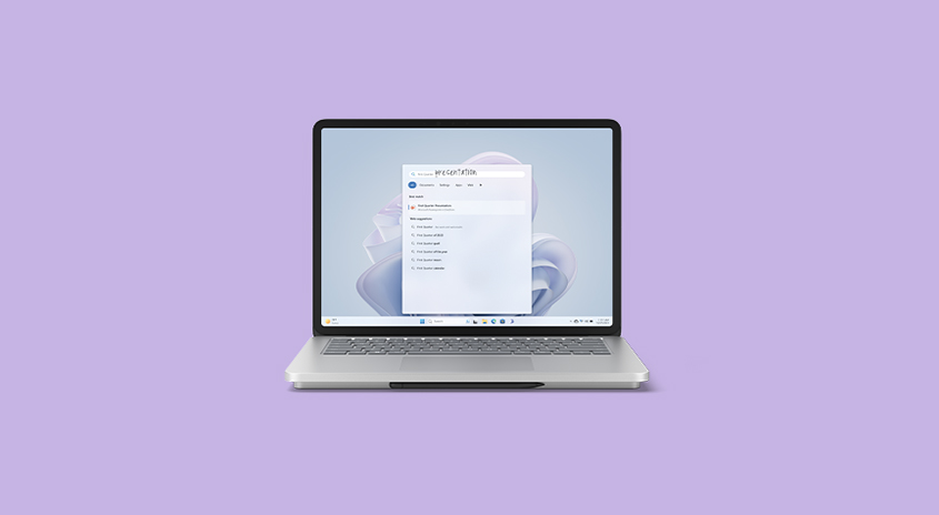 Ein Laptop auf lila Hintergrund zeigt eine geöffnete Anwendung mit Text auf dem Bildschirm.