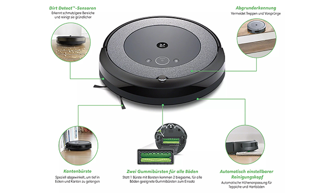 Ein schwarzer Saugroboter mit grauen Akzenten ist abgebildet. Er verfügt über Sensoren und Bürsten für die Reinigung. Details sind hervorgehoben.