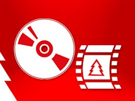 Weißes Piktogramm einer CD und einer Filmrolle vor weihnachtlich-rotem Hintergrund.