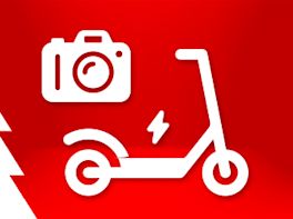 Weißes Piktogramm einer Kamera und eines E-Scooters vor weihnachtlich-rotem Hintergrund.