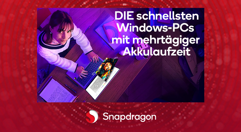 Werbemotiv zu Snapdragon-Windows-PCs: Frau arbeitet abends am Laptop, Text zu schnellsten Windows-PCs mit mehrtägiger Akkulaufzeit.
