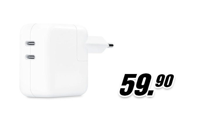 Weißer Apple USB-C Power Adapter mit zwei Anschlüssen für 59,90 Euro.