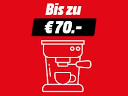 Grafik mit rotem Hintergrund: Oben steht in Weiß „Bis zu €30.-“, darunter ein weißes Icon eines Siebträgers