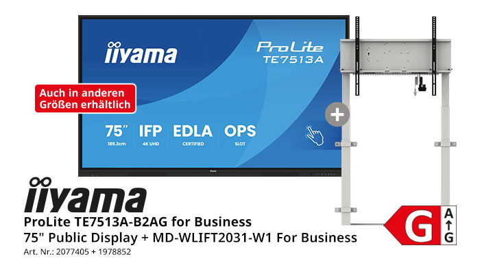 iiyama ProLite TE7513A-B2AG for Business, 75-Zoll-Public-Display (4K UHD, IFP, EDLA-zertifiziert, OPS-Slot) im Bundle mit höhenverstellbarer Wandhalterung MD-WLIFT2031-W1, Energieeffizienzklasse E.