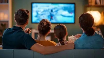 Familie mit 2 Kindern von Hinten sitzen vor einem Fernseher