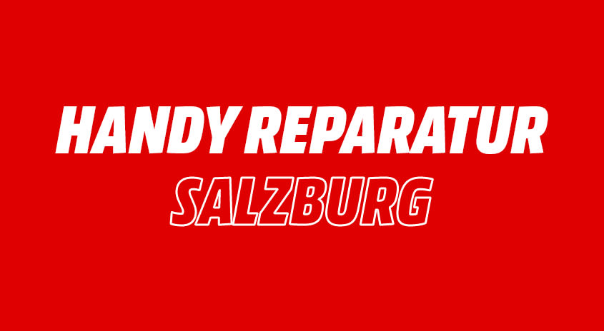 Bild mit rotem Hintergrund. Text im Bild: Handy Reparatur Salzburg