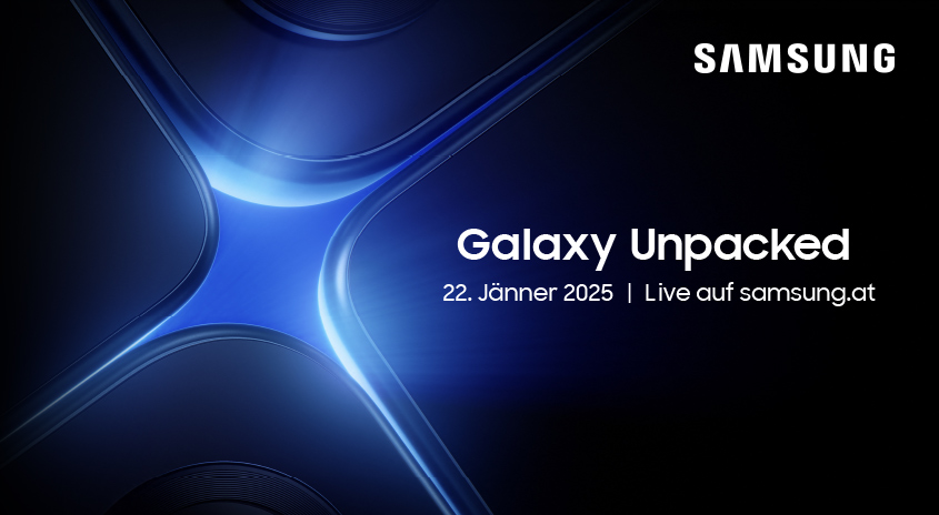 Dunkelblauer Hintergrund mit Samsung Galaxy Unpacked Text und Datum 22. Jänner 2025. Oben rechts steht das Samsung Logo.