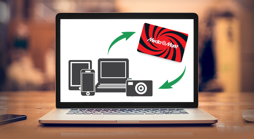 Der MediaMarkt Ankauf-Service dargestellt als Kreislauf-Grafik auf einem Laptopbildschirm.