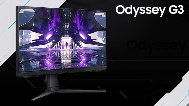 Ein schwarzer Odyssey G3 Monitor mit futuristischem, violettem Bild steht vor schwarzem Hintergrund.