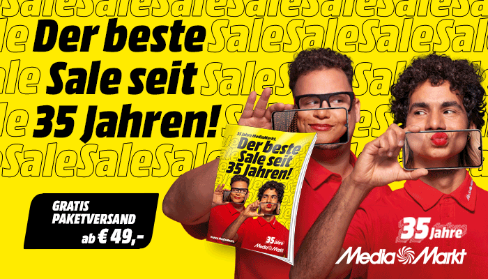 Gelber Werbebanner für "Der beste Sale seit 35 Jahren!" mit Text, kostenlosem Versand ab 49€ und Personen mit Handys.
