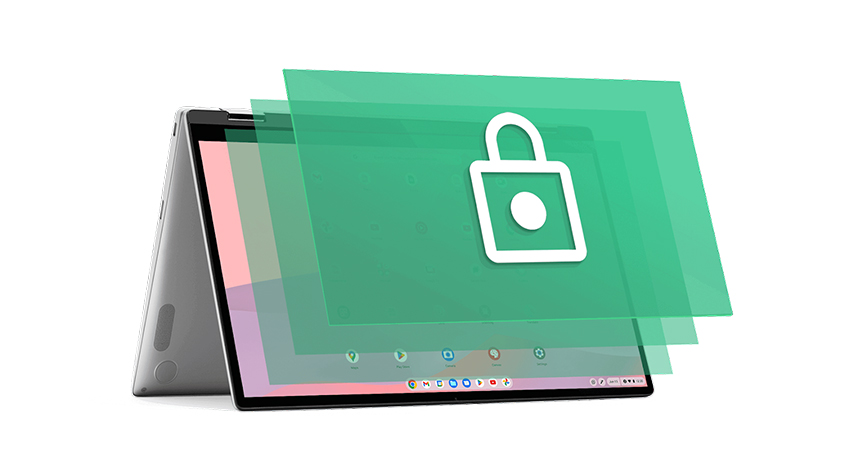 Ein Laptop mit einem grünen Schloss-Symbol auf dem Display, das auf einem weißen Hintergrund steht.