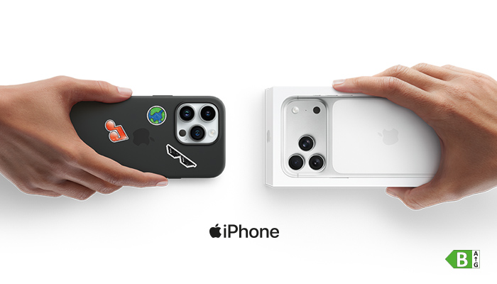 iPhone Trade‑In: links altes iPhone mit Stickern, rechts neues im Karton. Apple Logo, Energieklasse B.