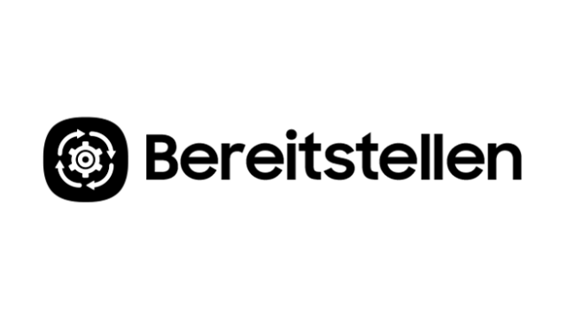 Schwarzes "Bereitstellen"-Logo mit Zahnrad und Pfeilen auf weißem Hintergrund.
