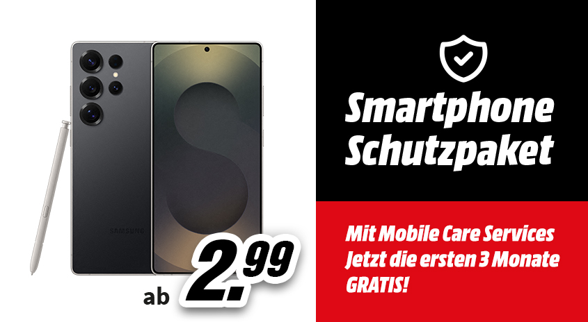 links: Ein Smartphone mit Pencil und dem Preis; ab 2.99 €, rechts: Smartphone Paket: Mit Mobile Care Services, die ersten 3 Monate gratis