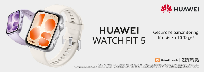 Huawei Watch Fit 5 Smartwatch in Violett und Weiß mit verschiedenen Display-Ansichten, Huawei Logo und Text "HUAWEI WATCH FIT 5 Gesundheitsmonitoring für bis zu 10 Tage" auf hellem Hintergrund, mit Huawei Health Logo und Kompatibilitäts-Hinweis