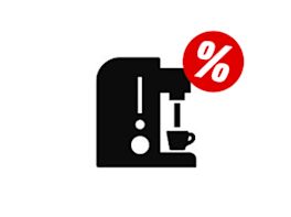 Schwarzes Symbol einer Kaffeemaschine. Ein rotes Prozentzeichen auf dem Bild soll ein Hinweis auf Angebote im Bereich "Kaffee & Küche" sein.
