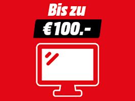Roter Hintergrund mit Text: Bis zu € 100,-. Darunter ein Iconbild von einem Monitor.